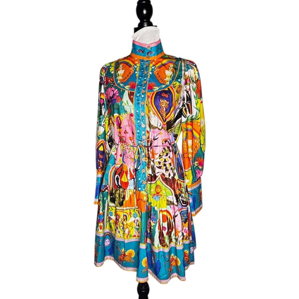Whimsical Multicolor Linen Blend Shirt Dress Button Front Drop Waist Size Small